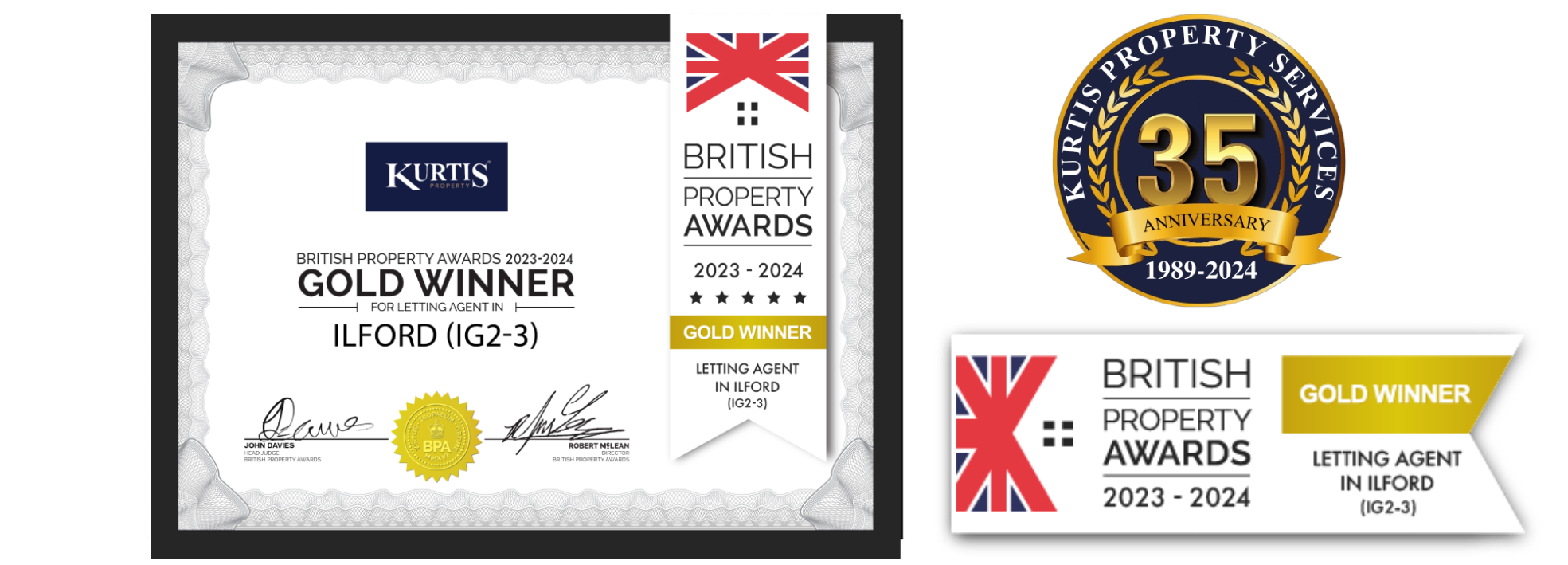 Kurtis Property have been presented with a Gold Award as the best estate agent in Ilford & Goodmayes (IG2 & IG3) by the British Property Awards 2024.