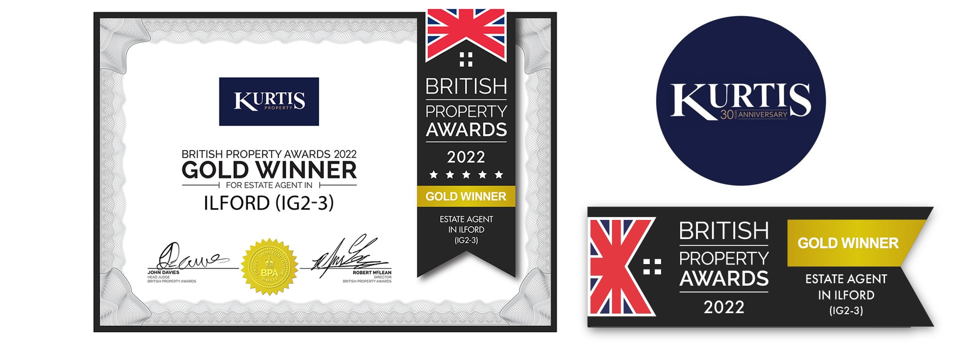 Kurtis Property have been presented with a Gold Award as the best estate agent in Ilford & Goodmayes (IG2 & IG3) by the British Property Awards 2022.