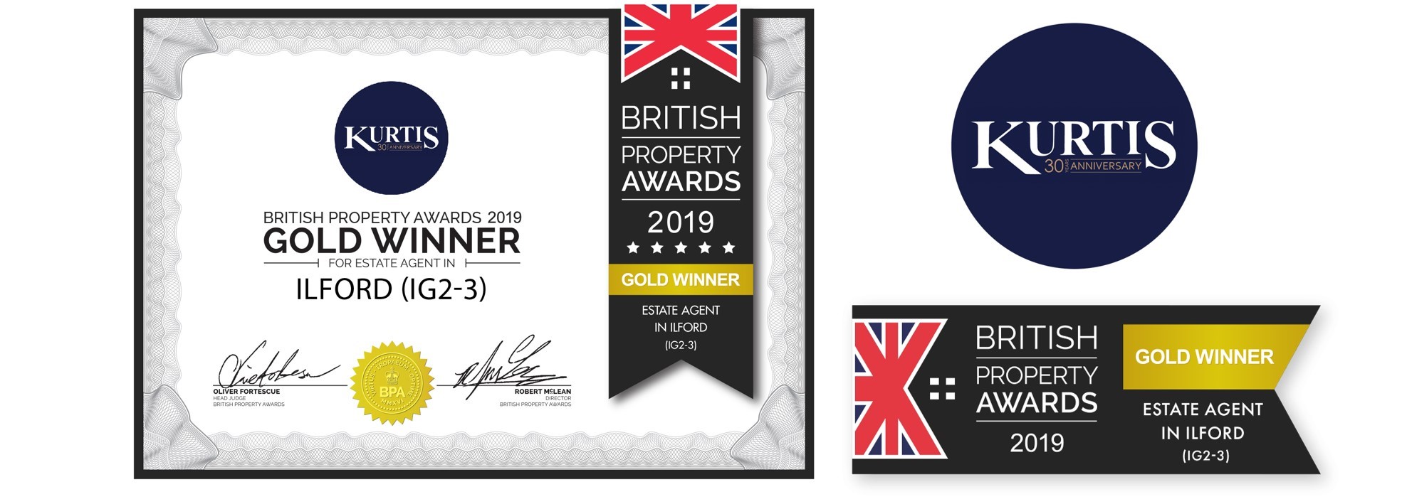 Kurtis Property have been presented with a Gold Award as the best estate agent in Ilford & Goodmayes (IG2 & IG3) by the British Property Awards 2019.